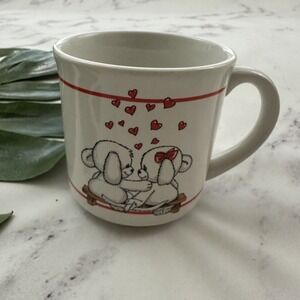 Mattel Vintge Puppy Love Coffee Mug White Red Dogs Hearts Emotions 80s Cup